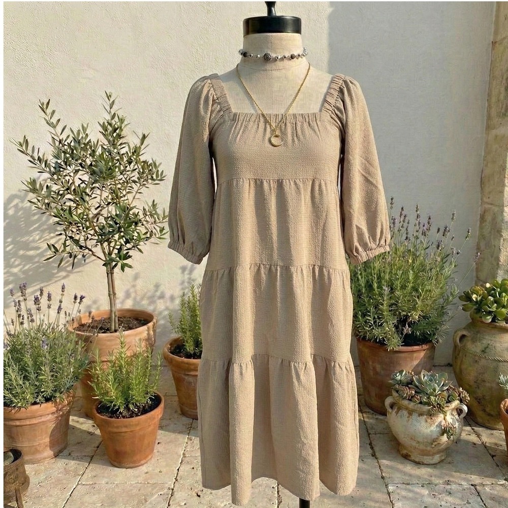 Large Grade & Gather Beige Puff Sleeve Loose Flowy‎ Dress Summer Spring